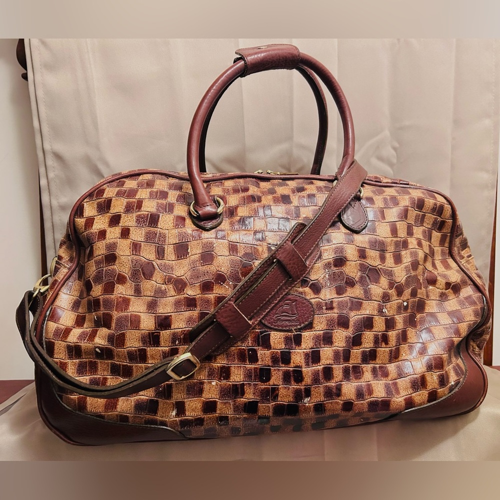 Terrida Luxury Brown Leather Checkered Print Travel Duffel Bag Bag ( UNISEX )
